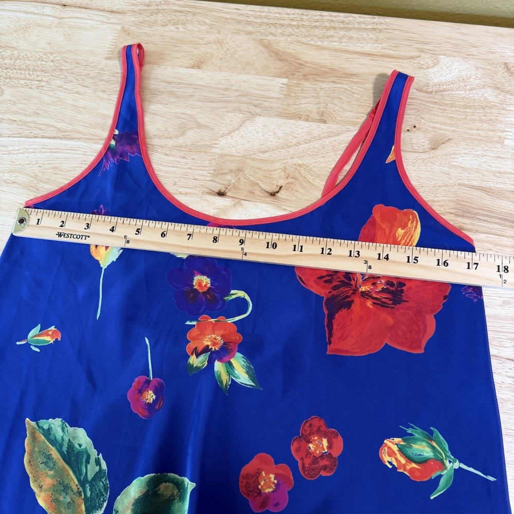 Vintage Floral Mini Slip Dress Size L Blue Scoop Neck Bold Print Nightie Chemise - Picture 7 of 9